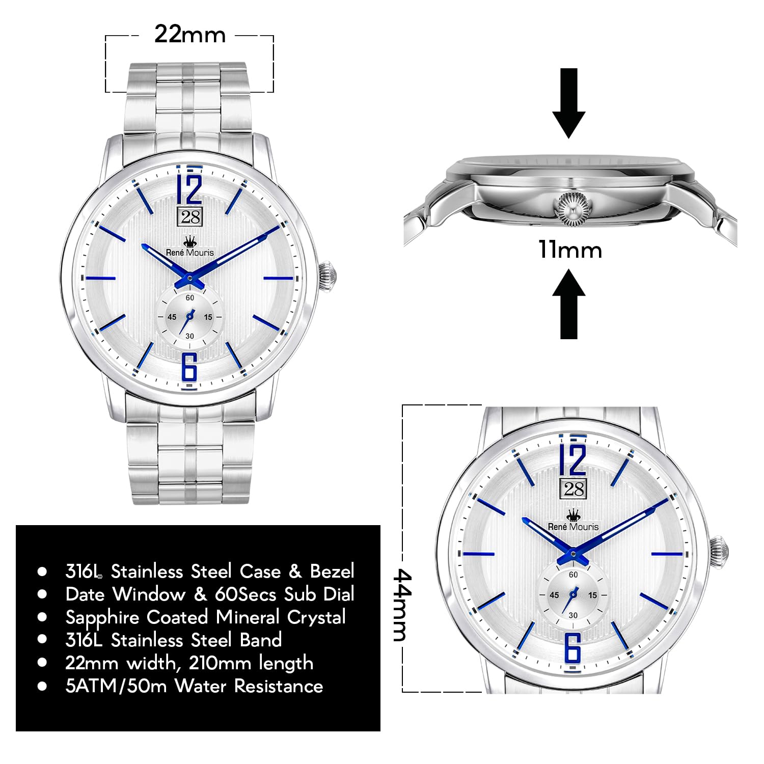 René Mouris Executive Quarzuhren Für Herren – 44MM Klassische Uhr Aus 316L-Edelstahl