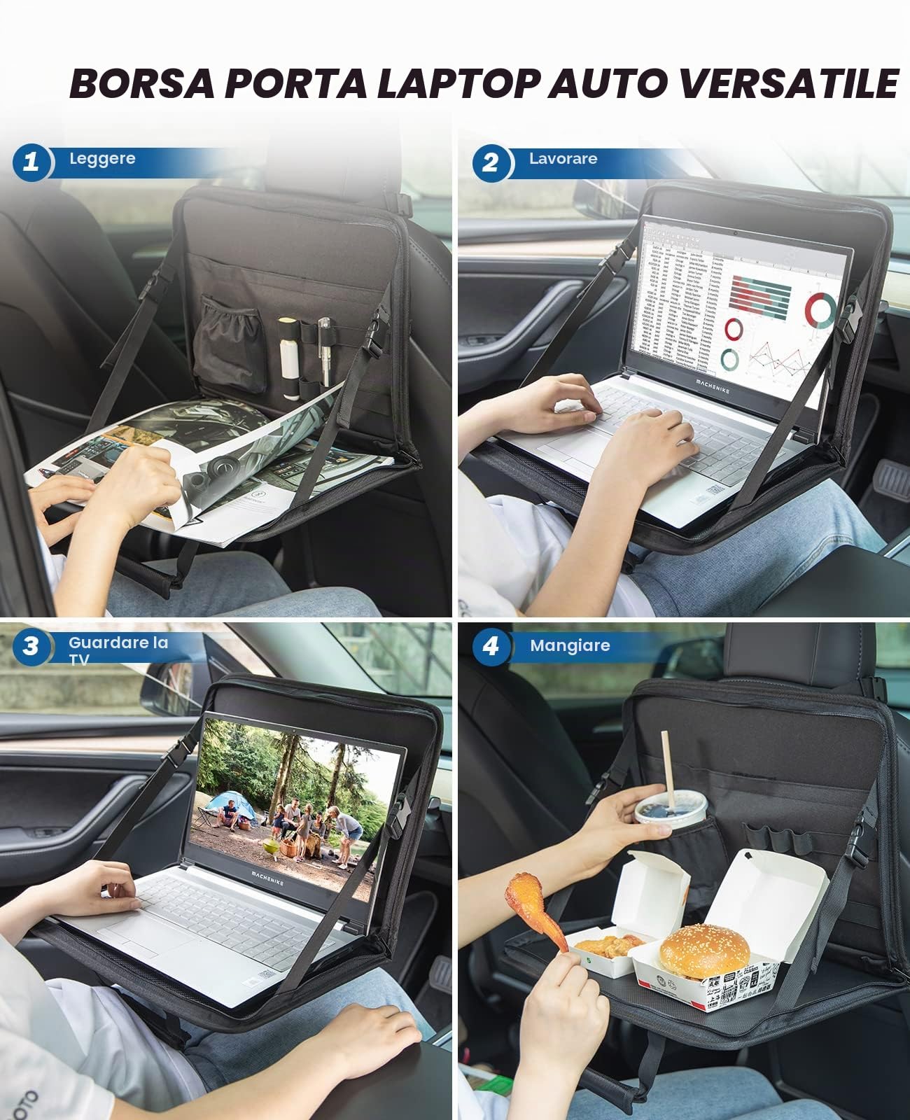 Tavolo per auto, scrivania per auto, con supporto per bevande, tavolo pieghevole universale per sedile passeggero, sedile posteriore (design brevettato UE)