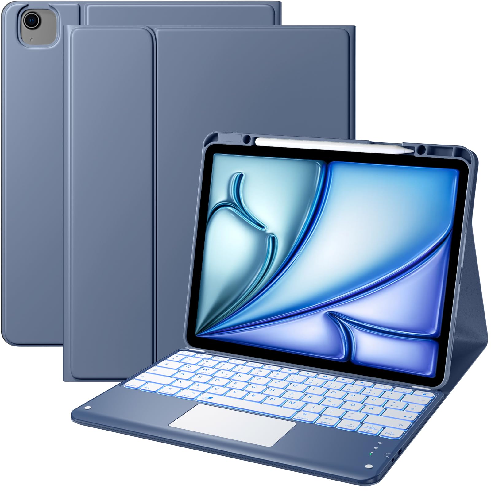 Vobafe Hülle mit Tastatur für iPad Air 13 Zoll M4 M3 M2 (2026/2025/2024), iPad Pro 12.9 (3. 4. 5. 6. Gen), QWERTZ Keyboard Multi-Touch Trackpad 7 Farben Beleuchtung, mit Stifthalter, Blaugrau