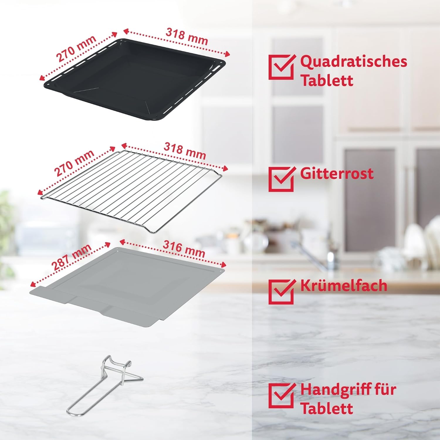 ICQN oven accessories including a square baking tray, a wire grill rack, a crumb tray, and a tray handle