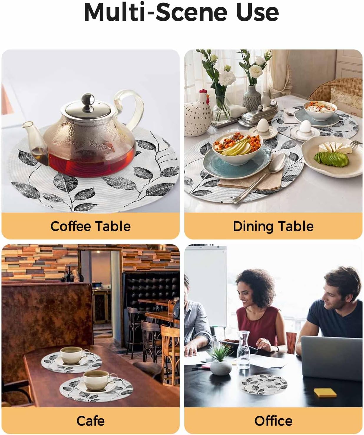 Grey Black Leaves Round Placemats Set of 8 Spring Retro Botanical Branches Place Mats Indoor Woven Table Mats Washable Heat-Resistance Braided Dining Table Placemats for Kitchen Holiday Decor 15 Inch