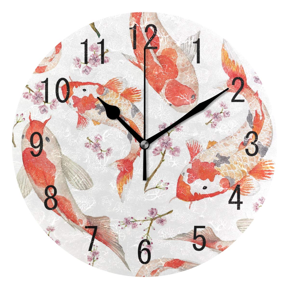 Use7 Home Decor Flower Carp Koi Fish Round Acrylic Wall Clock Non Ticking Silent Clock Art for Living Room Kitchen Bedroom