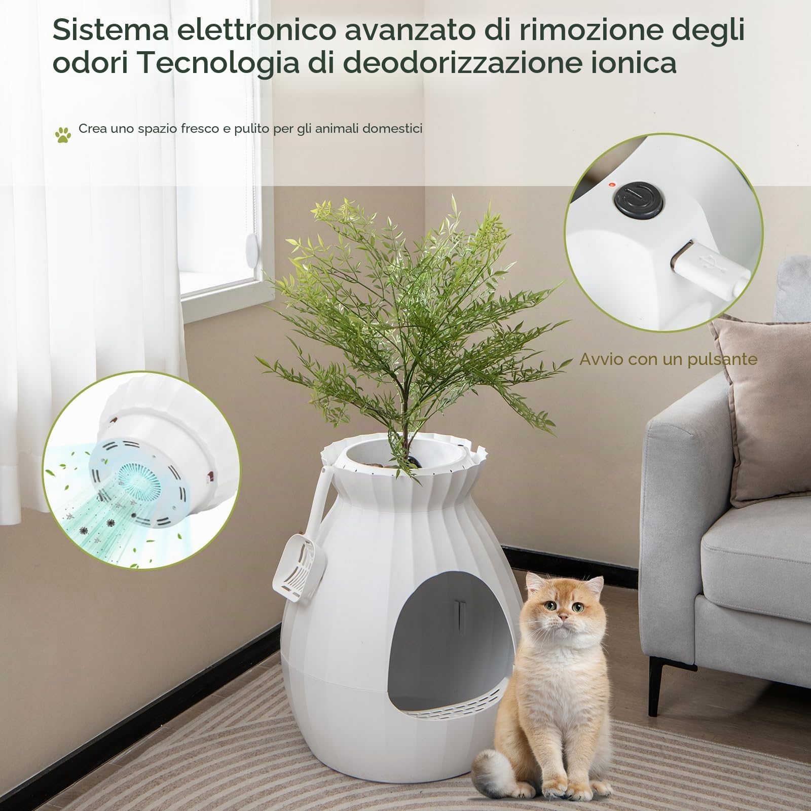 FANTASK Lettiera 2 in 1, 63 l, intelligente eliminazione degli odori e sterilizzazione con tenda per porta, stile vaso di fiori con pianta artificiale, ciottoli e pala
