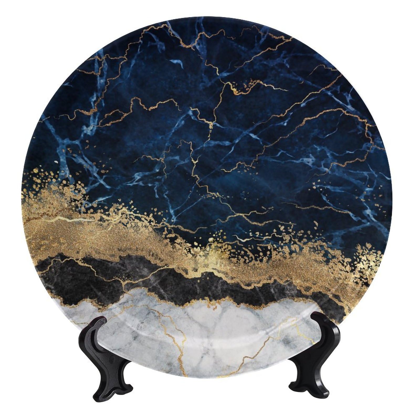 Dekorative Keramikteller, 20,3 cm, abstrakter weißer blauer Marmorhintergrund, runde Displayplatte, Tischplatte, Dekoration mit Ständer, für Wandbehang, Wohnzimmer, Badezimmer, Dekoration,