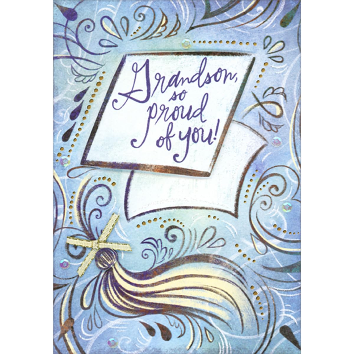Designer Greetings So Proud of You 3D Banner, Gold Ribbon and Sequins on Blue Hand Decorated Graduation Congratulations Card for Grandson