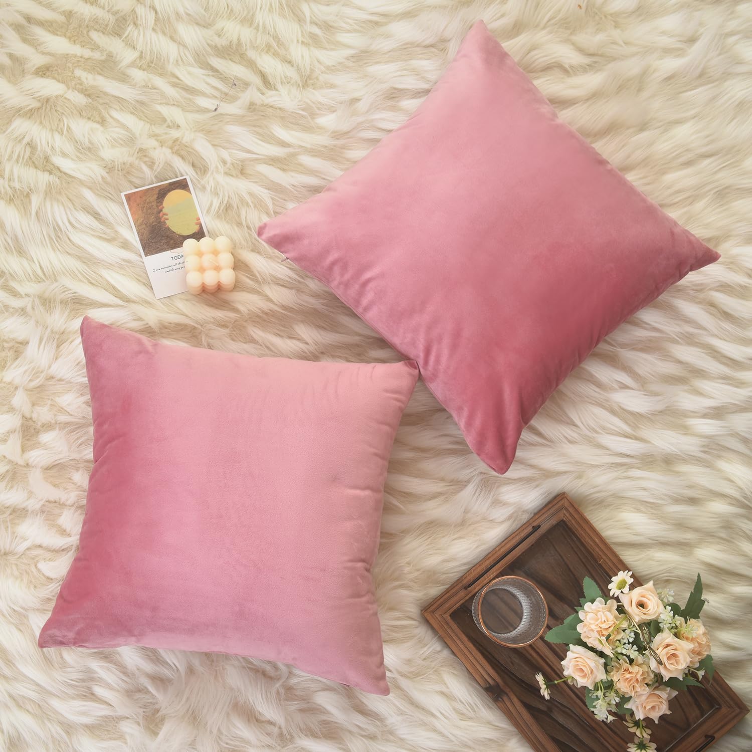 ZIMEL HOMES Velvet Cushion Covers Pack of 2 Decorative Covers Square & Rectangle Throw Pillow Cases Invisible Zipper 43 x 43 cm and 30 x 51 cm (43 x 43 cm (Square), Sakura)
