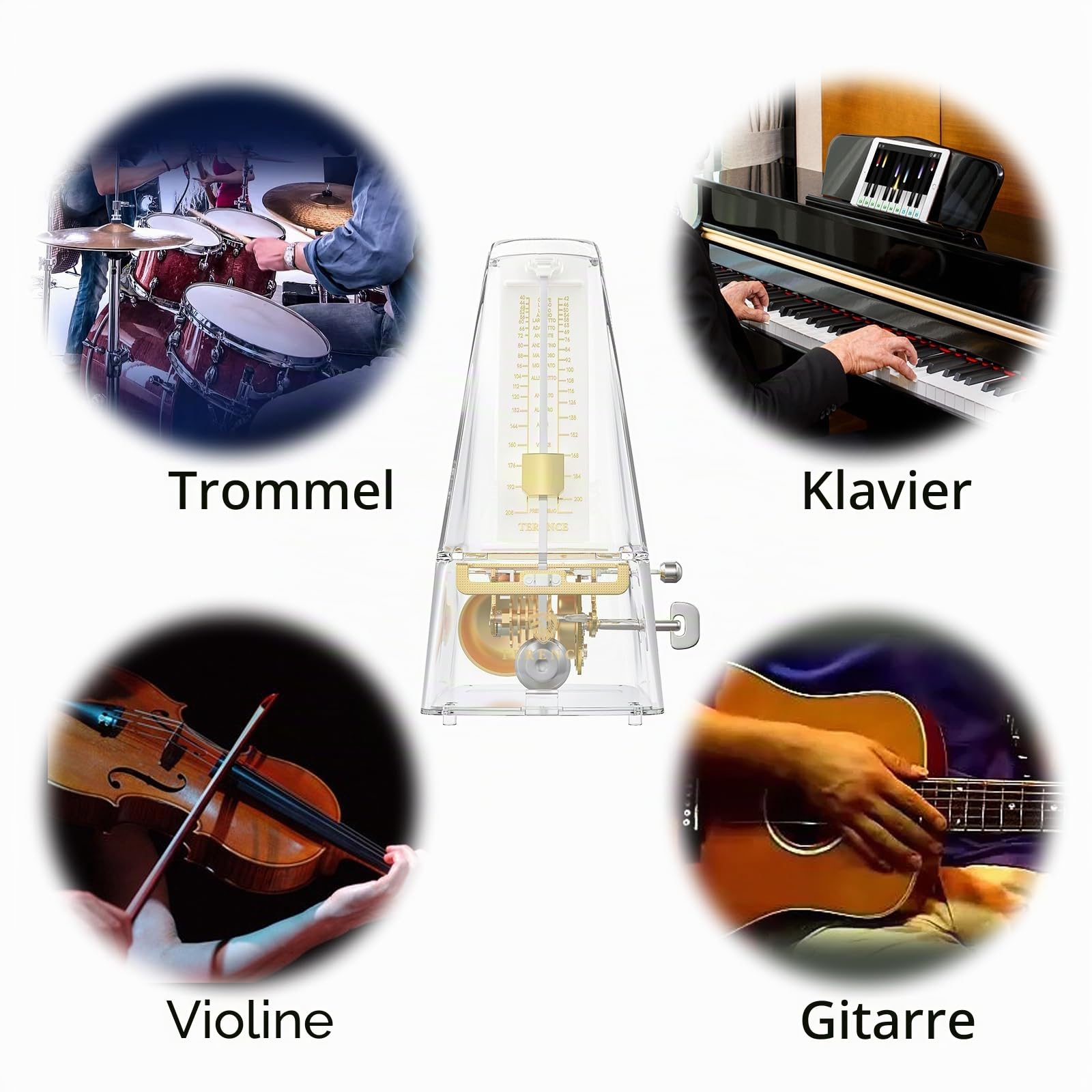 TERENCE Mechanisches Metronom für Gitarre Bass Klavier Violine mit hoher Präzision Traditionelle Pyramide Transparent
