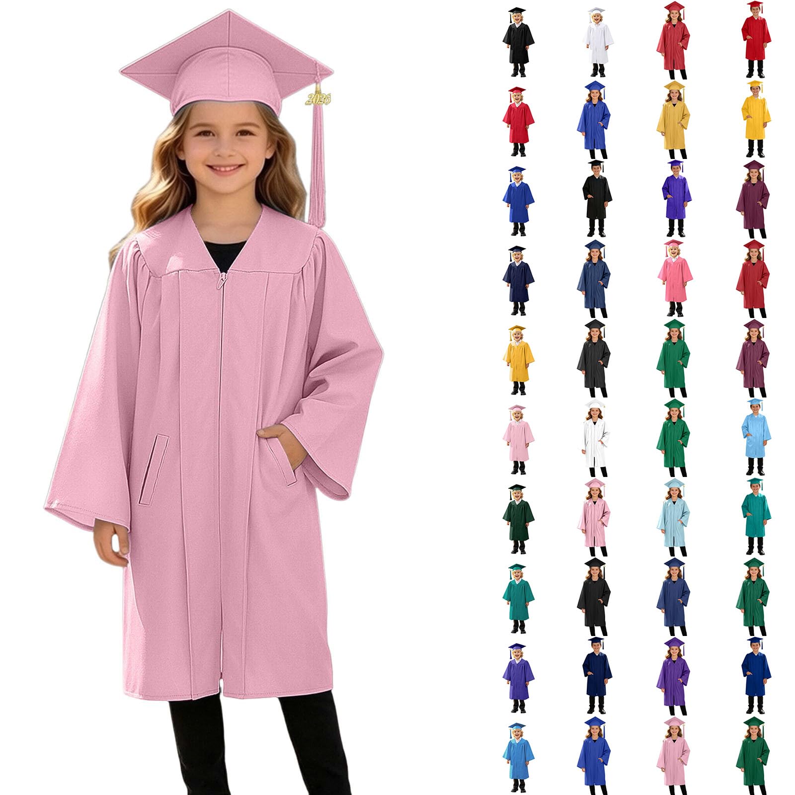 3 Piece Graduation Set for Kids, Gown, Cap, Gold 2026 Tassel, Unisex Boys Girls Preschool Kindergarten Primary School Graduation Gown and Cap Dress Up Props Costume, 30-Pink