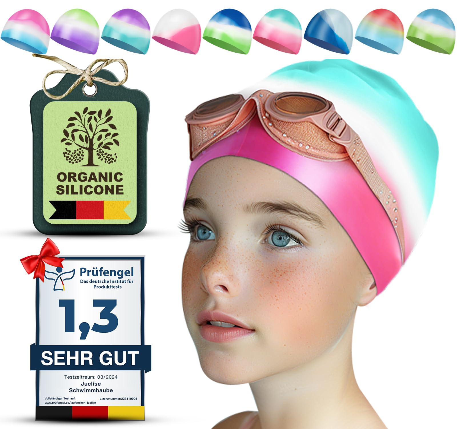 Juclise Swimming Caps for Kids,Girls and Boys, Stretchy Silicone Design, Comfortable Fit for Long and Short Hair (Green-Pink, Age 9-15) — image 1