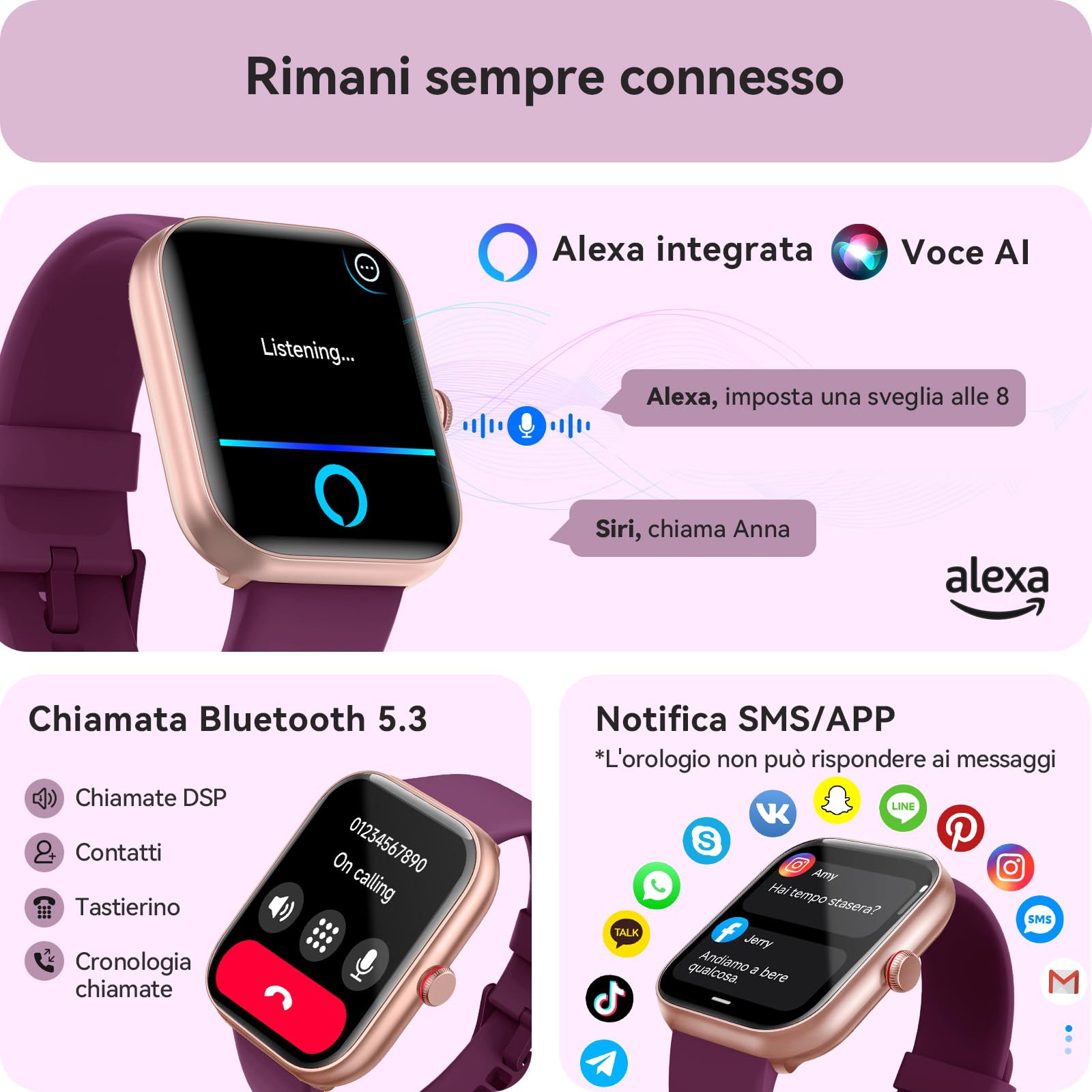 Smartwatch Uomo Donna, 1.91" Orologio Smartwatch con Chiamate Bluetooth e Alexa, Fitness Tracker con Contapassi, Cardiofrequenzimetro/Sonno/SpO2/110 Sportive, IP68 Smart Watch per Android iOS Viola
