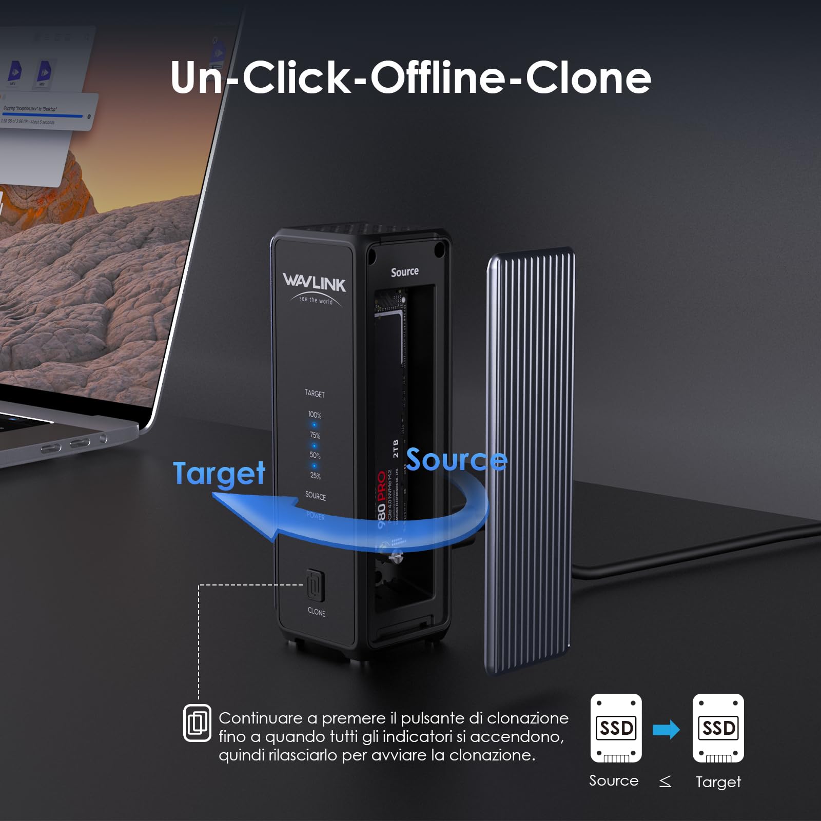 WAVLINK 40 Gbps M.2 Dual Bay NVMe Enclosure, alloggiamento SSD NVMe con ventola di raffreddamento, compatibile con Thunderbolt 5/4/3, USB 4/3.2/2.0, UASP e TRIM, clonazione offline, fino a 3300 MB/s