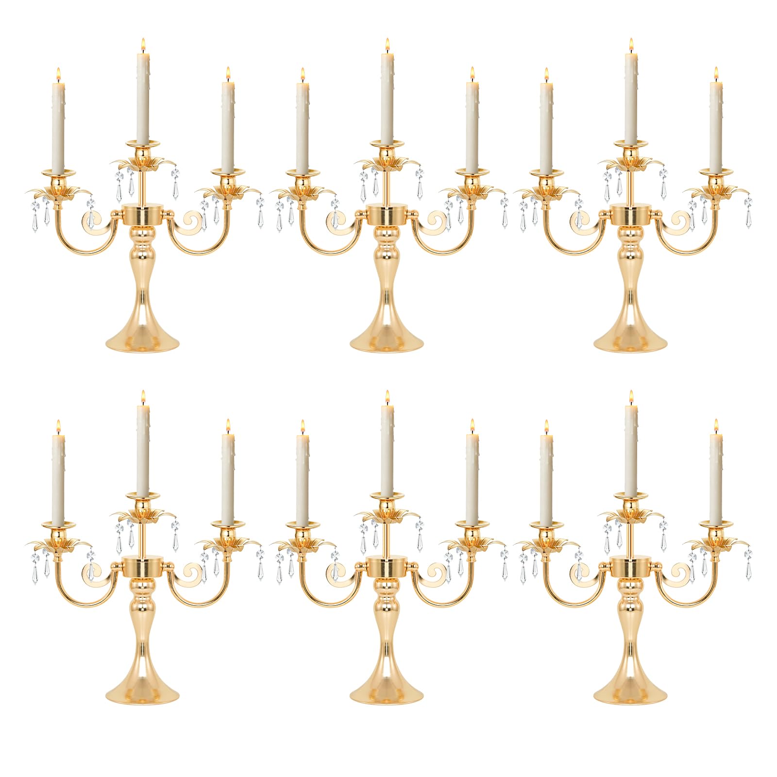 Metal 3 Arm Gold Candelabra with Crystal Pendants - 11.8 Inch Tall Candle Holders, Set of 6 - Elegant Taper Candlestick Stand for Wedding, Dining Table, Party Home Decoration