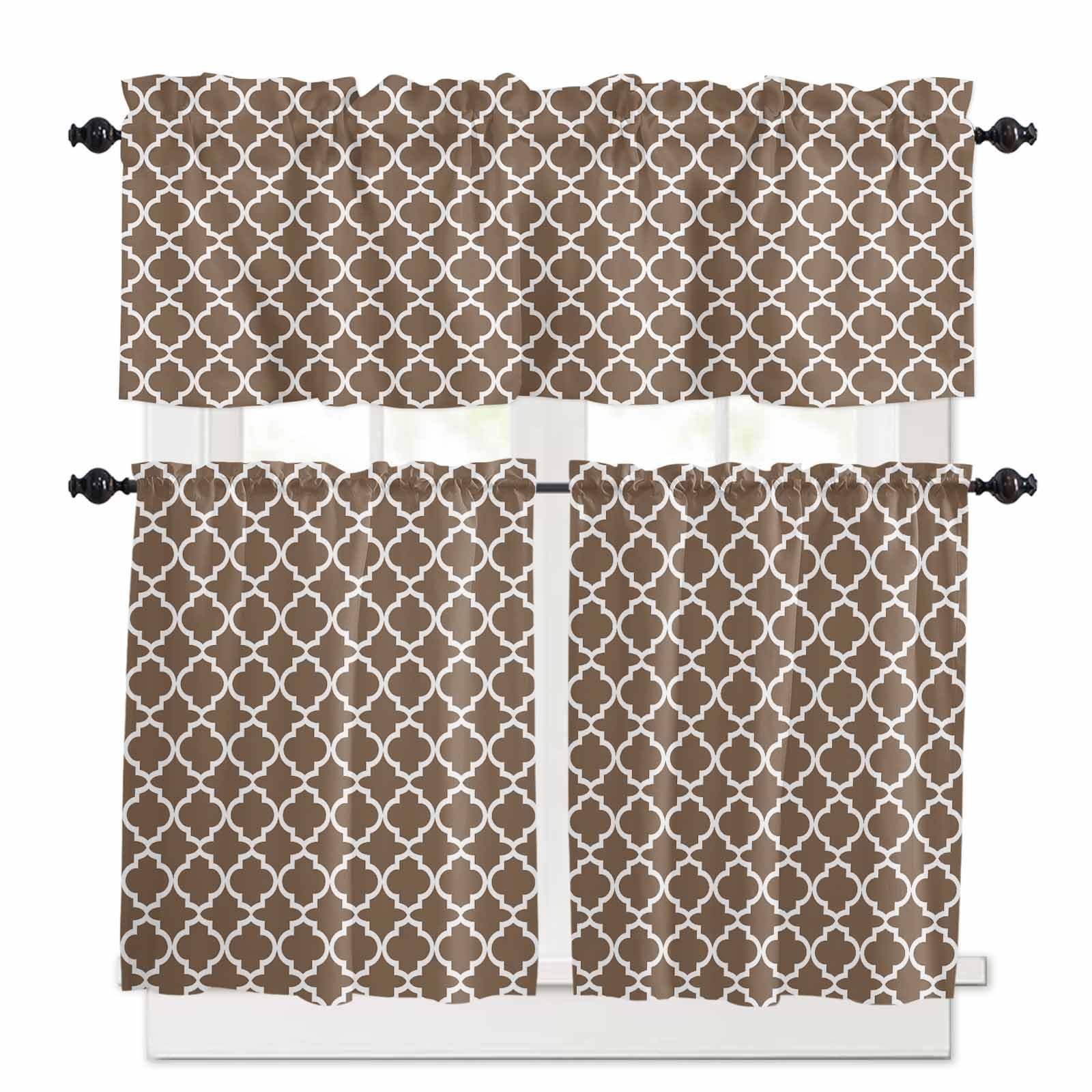 Brown Moroccon Kitchen Curtains 36 Inch Length,3 Piece Rod Pocket Small Half Tiers and Valance Set,Retro Country Minimalist Abstract Motifs Small Large Window Treatment Decor for Bedroom/Bathroom