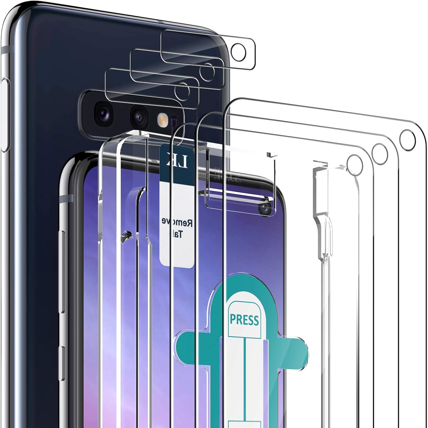 6 Pack LK 3 Pack Screen Protector + 3 Pack Camera Lens Protector Compatible with Samsung Galaxy S10e Tempered Glass, Easy-Installation Tool, Case Friendly, 9H Hardness