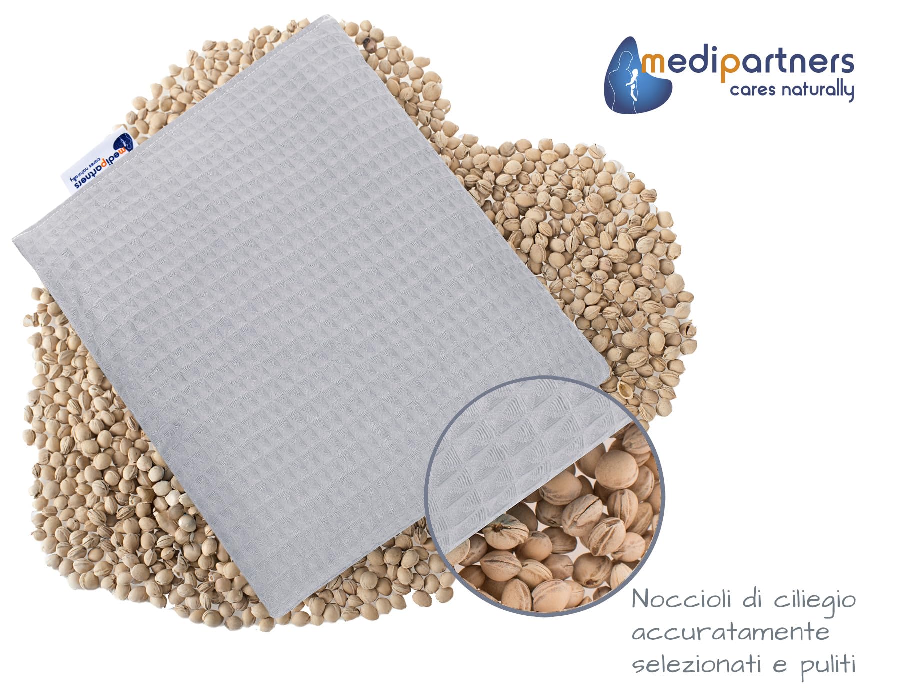 Medi Partners Cuscino termico microonde con noccioli di ciliegia 500g rettangolare 20x25cm 100% Cotone Waffle Riscaldante Cuscino Cervicale per terapia del freddo e del calore (Grigio)