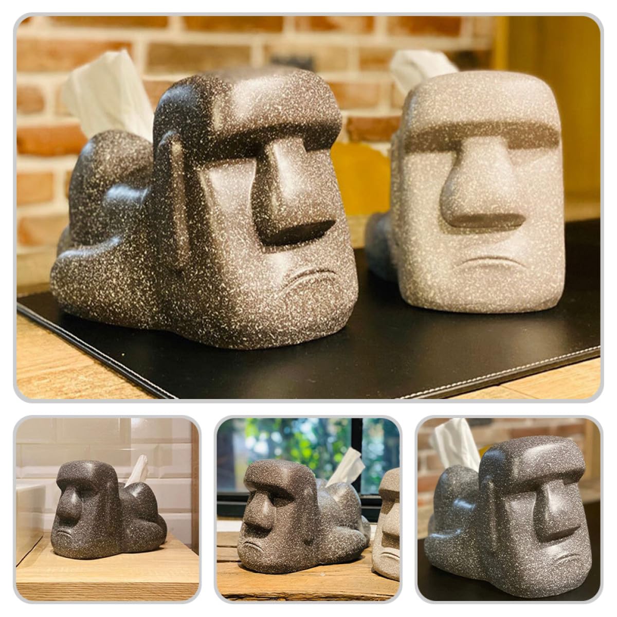 Moai Taschentuchbox Halter aus Kunstharz in Schwarz für Zuhause