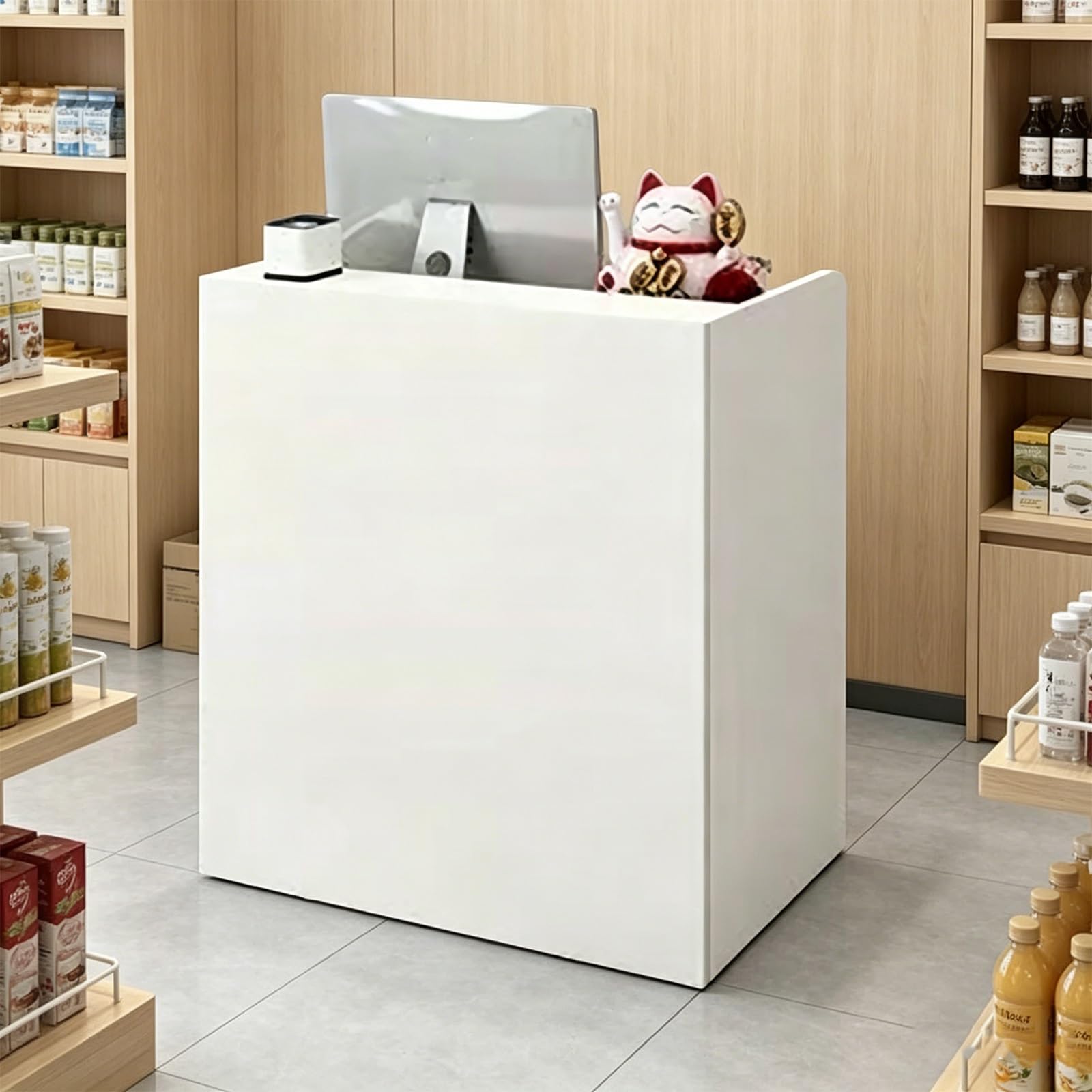 Piccolo banco reception, tavolo reception moderno, con cassetto chiudibile a chiave e armadio con anta, for salone, negozio, hotel, ufficio(White,60cm)