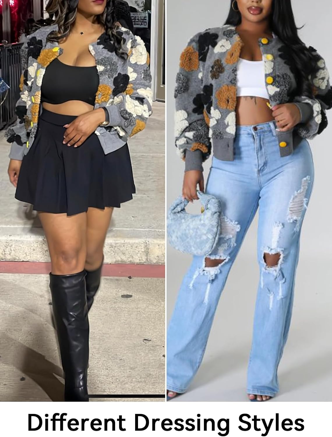 HOULENGS Women's Cropped Floral Print Fleece Bomber Jacket Casual Puff Sleeve Button Down Coats Winter Warm Outerwears - Image 6