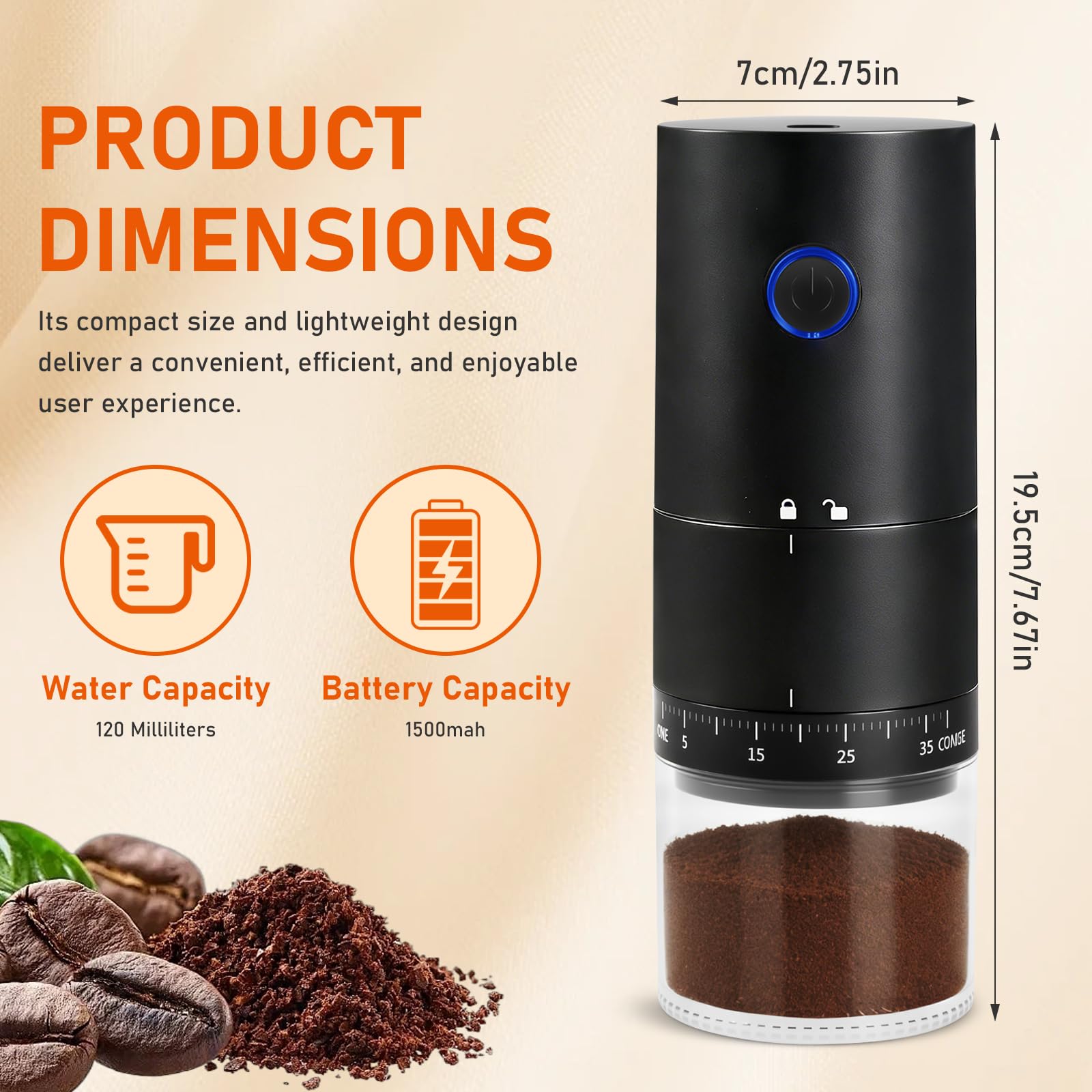 Elektrische Kaffeemühle, Tragbar Klein Coffee Grinder Wiederaufladbar, Aufladbare Kaffeemühle mit Keramikmahlwerk, 38 Einstellbare Stufen, Espresso Kaffee Mühle für Reisen, Camping, Büro
