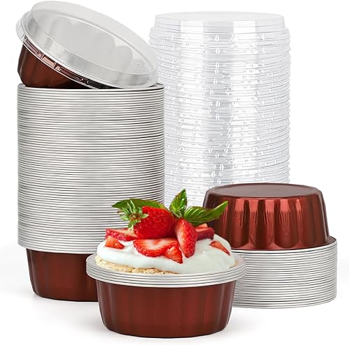 Beasea Ramequines desechables para hornear, paquete de 100 tazas de papel de aluminio de 8 onzas con tapas, creme brulee muffins, magdalenas, tazas