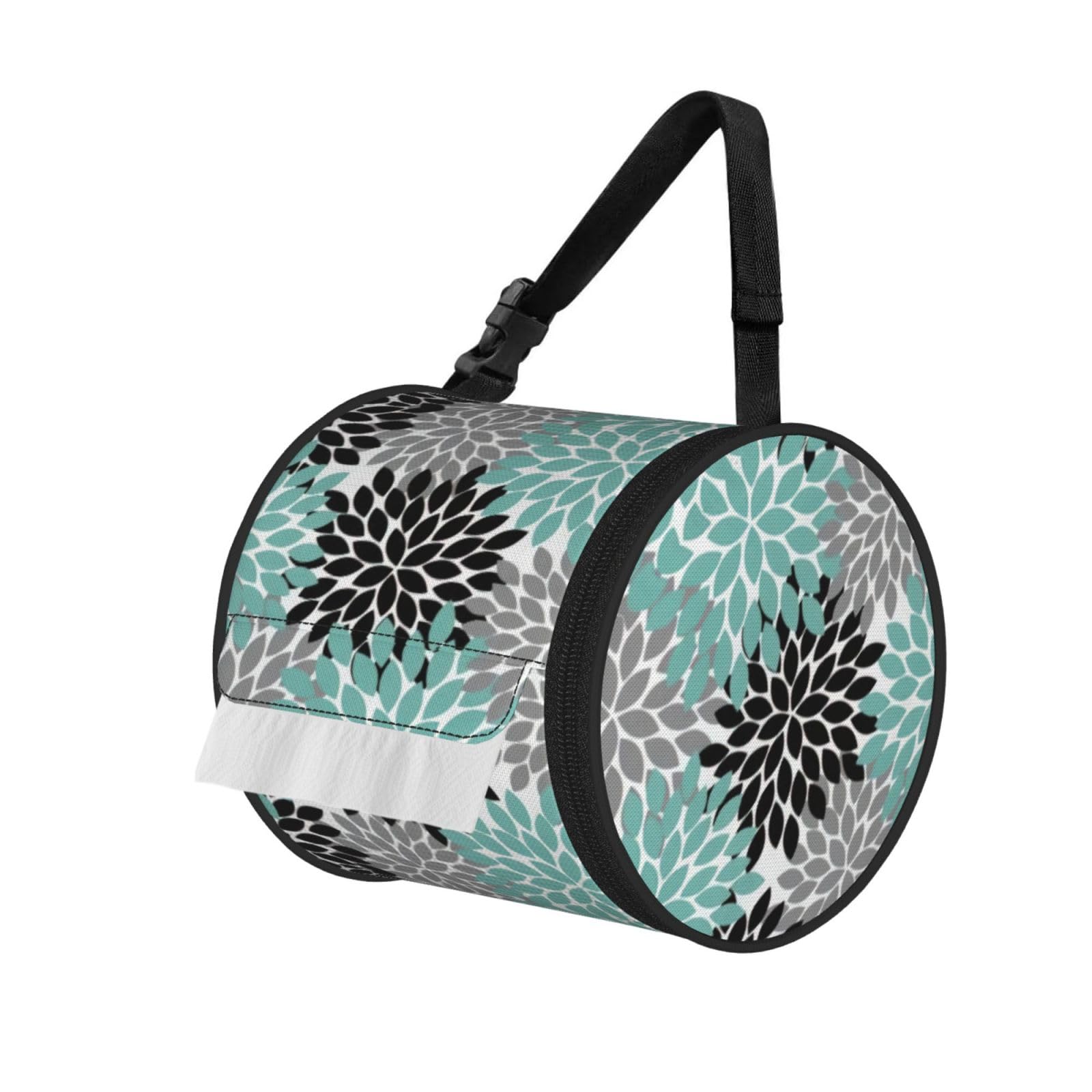 Dahlia Flower Print Round Tissue Dispenser Bag With Carry Strap, Portable Roll Holder For Car Travel Home