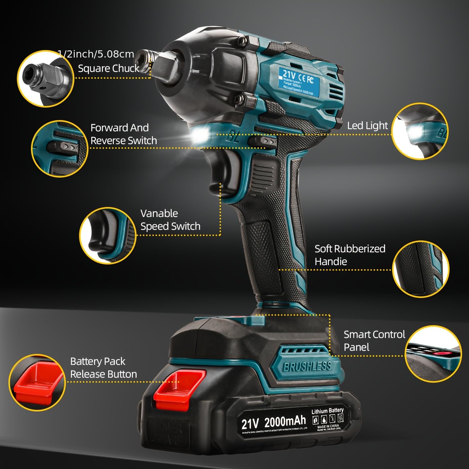 Kits de combinaison d'outils électriques sans fil, ensemble de machine sans brosse de 4 pièces, marteau électrique/broyeuse d'angle/clé d'impact/forage, avec batteries 2 * 5200mAh et chargeur