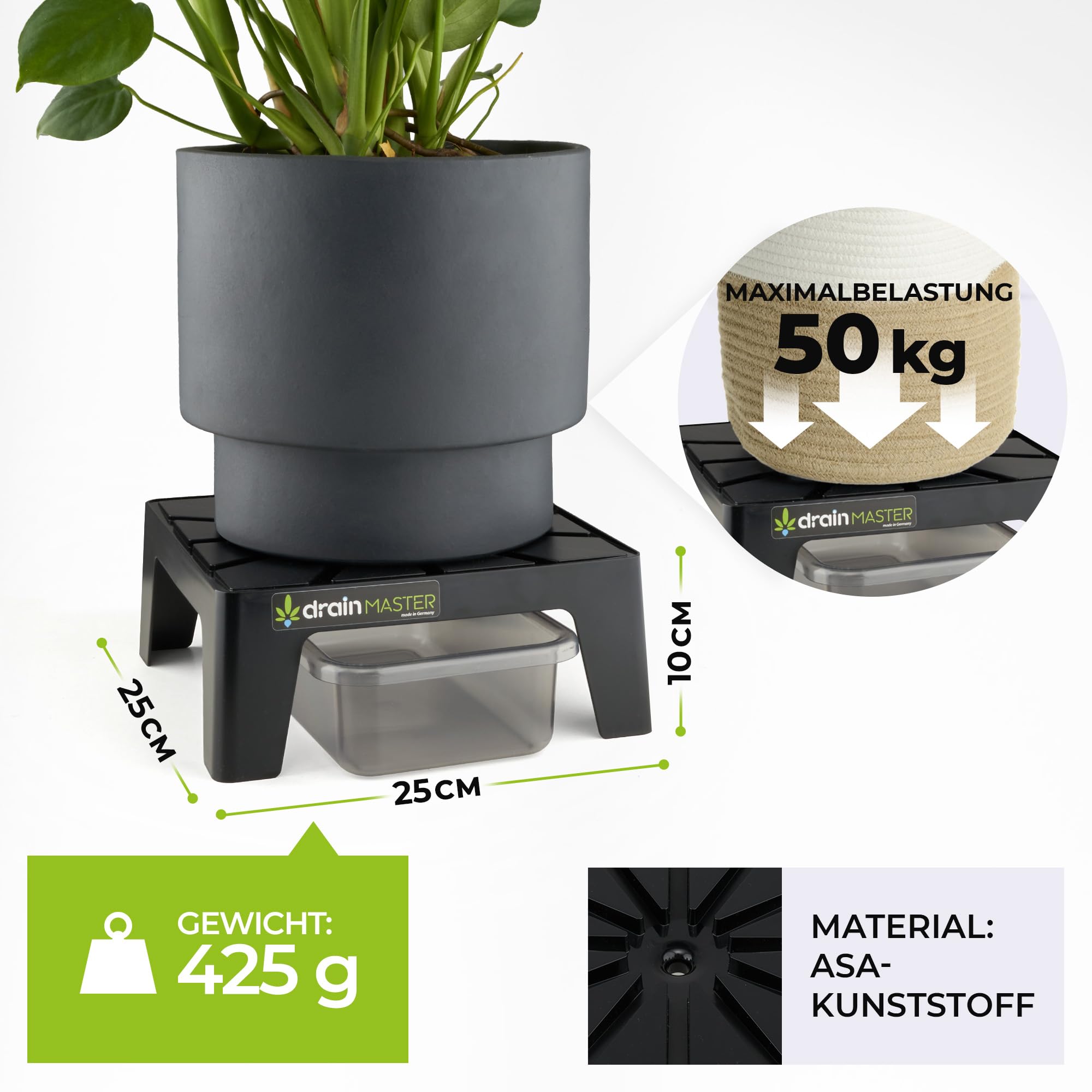 Blumentopf Untersetzer 24x24cm - Einzelset inkl. Ablaufwanne - Pflanzuntersetzer eckig Blumen Pflanzen Drainage Indoor/Outdoor - Ideales Zubehör für Growzelt - Made in Germany