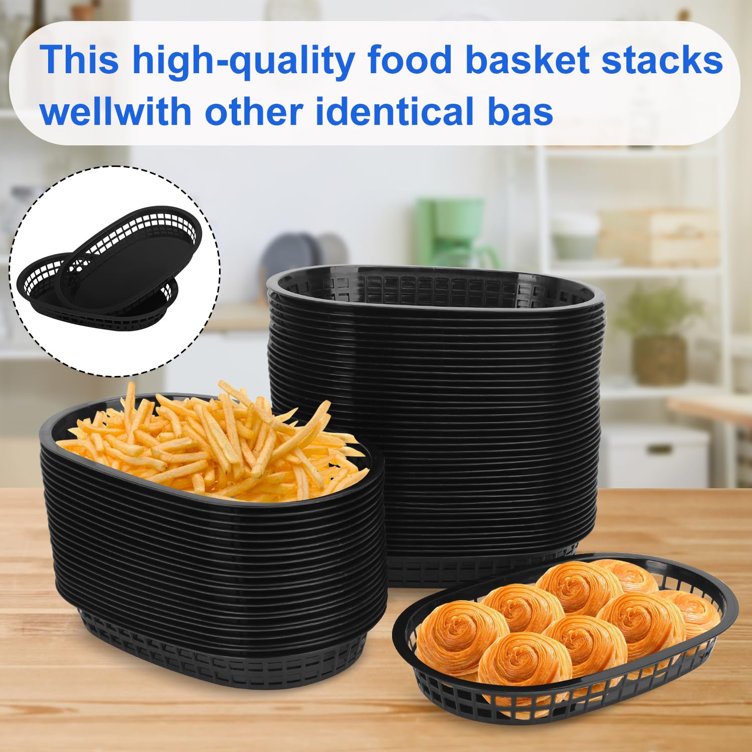 Confezione da 60 cestini per fast food, 26 x 17 cm, versatili in plastica nera, vassoio per hamburger, patatine, panini, hot dog, barbecue, picnic, feste, durevoli e sicuri