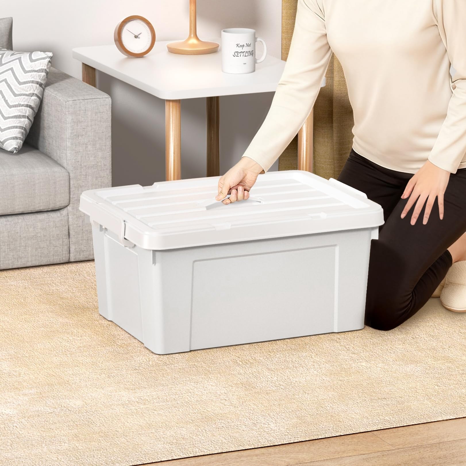 Cetomo 35L*6 Caja de Almacenamiento con Asa, Caja de Plástico con Tapa y Cierre Seguro, Contenedor de Almacenamiento Grande, Duradera, Apilable, Resistentes, Gris, Paquete de 6 de 35L