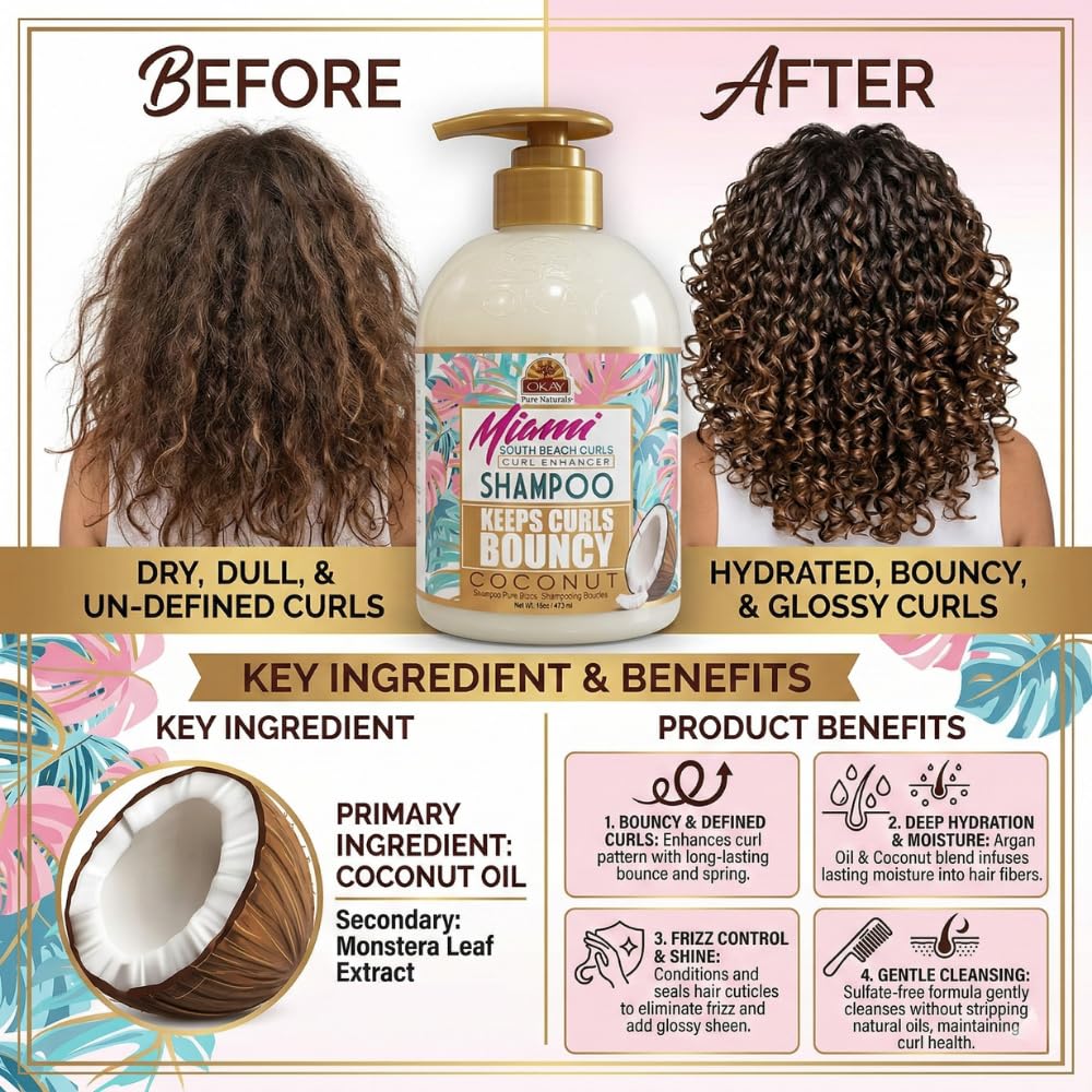 Okay Miami South Beach Curls Curl Enhancer Shampoo 16 oz – Sulfate-Free, Hydrating Shampoo for Curly, Wavy & Frizzy Hair – Enhances Natural Curls & Defines Waves, Gentle Daily Cleanse