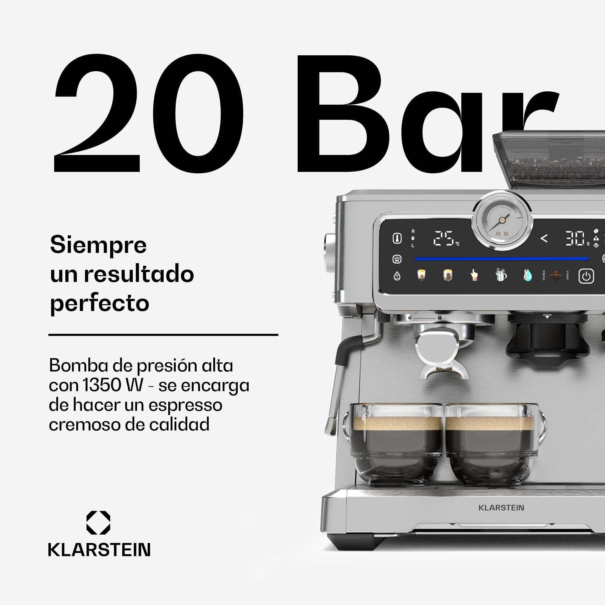 Klarstein GrandPresso Touch Cafetera Exprés 20 Bares - Pantalla Táctil, Molinillo Integrado, 2,3L, Acero Inoxidable, Espumador de Leche, Sistema Thermoblock, Cafetera Espresso