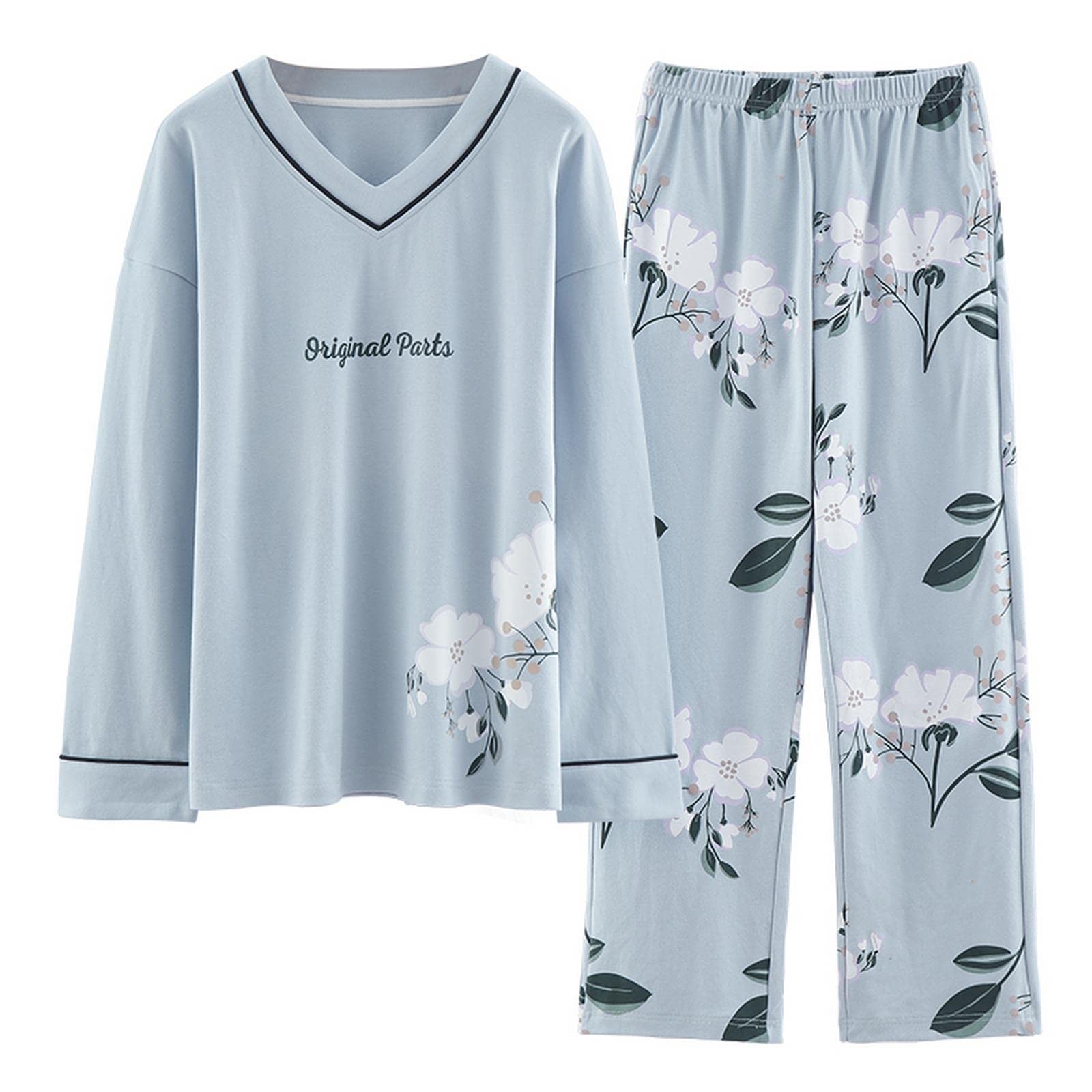 MOGSA Pijama para mujer, primavera, otoño, de algodón, elegante, floral, conjunto de ropa de dormir, pantalones a cuadros, para mujer, hogar, W10, M asiático (40-50 kg)