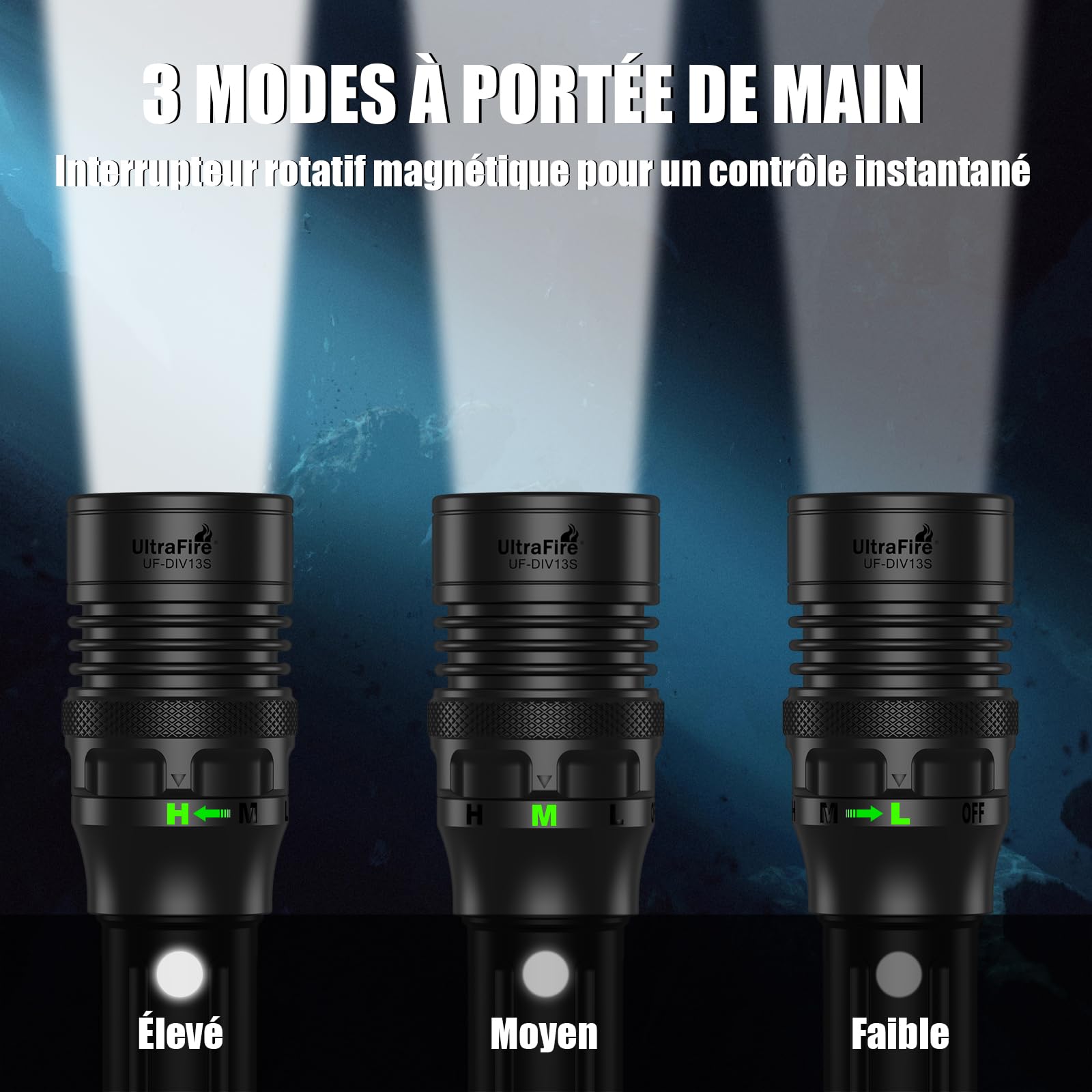 ULTRAFIRE UF-DIV13S Lampe torche de plongée rechargeable 3 350 lumens avec interrupteur rotatif magnétique, étanche IPX8 avec support de poignet
