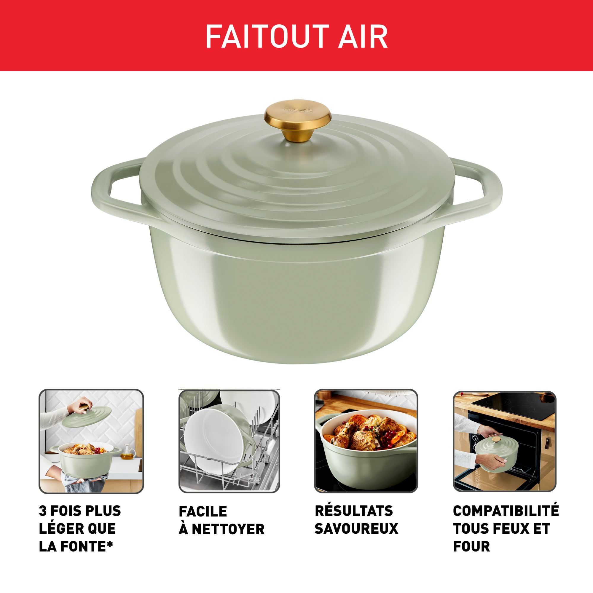 Tefal Cocotte en fonte d'aluminium 24cm, 4-5 personnes, Induction, Légère en fonte d'aluminium, Nettoyage facile, Revêtement céramique, Couvercle de condensation, Four, Air Soft Light E2664625