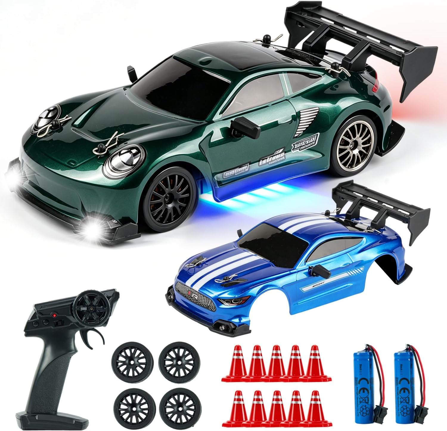 1:24 RC Drift Car, 20KM/H 4WD High Speed Remote Control Car with 2 Batteries, Extra Body Shell, Drift Tires, 10 Cones & LED Lights, 2.4GHz Racing Car Toy for Boys Girls.