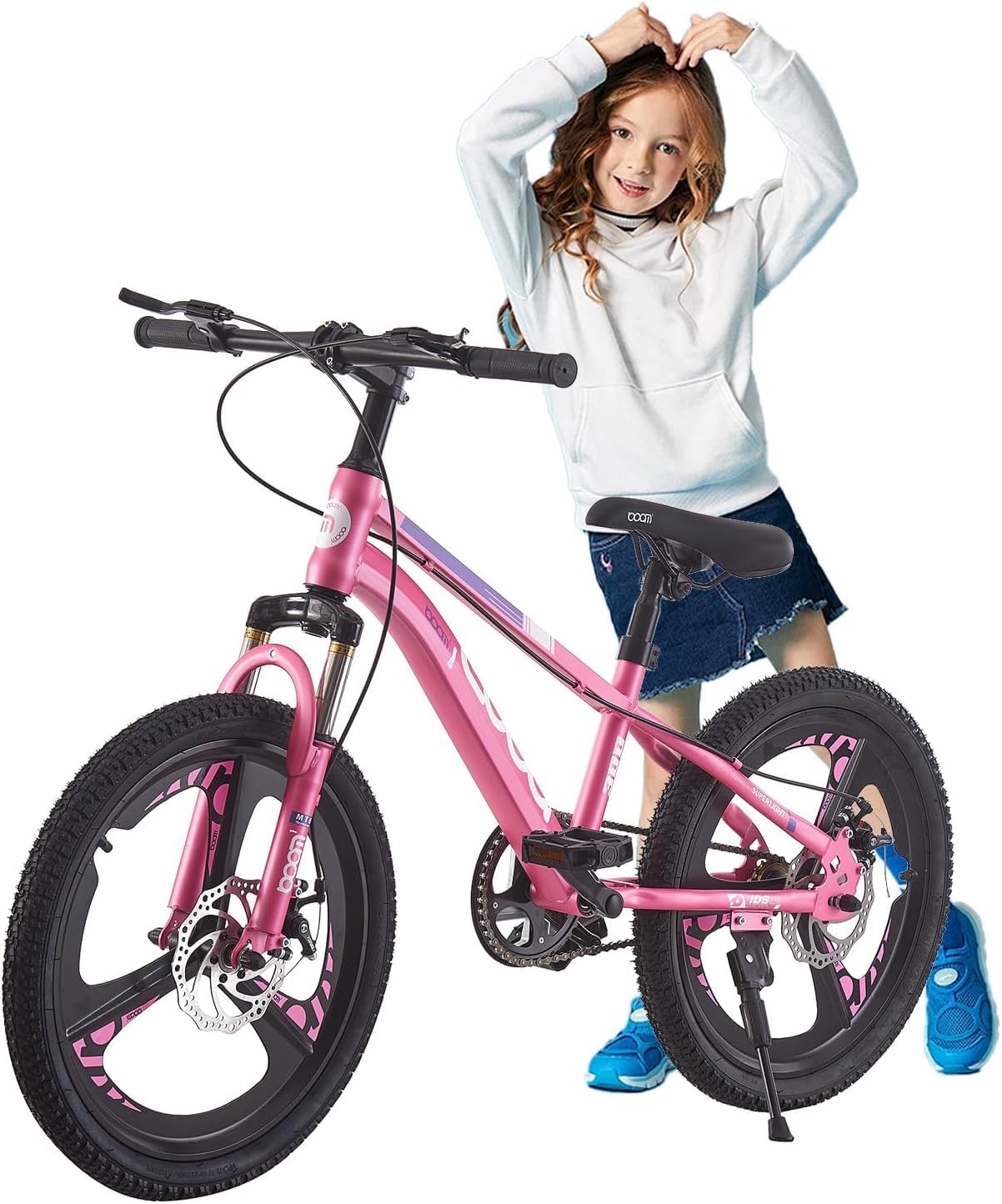 LSBIKE 18/20/22/24 Inch Kids Mountain Bike for Boys and Girls, Junior MTB with Front Suspension, Dual Disc Brakes, Adjustable Seat & Handlebar, 5–14 Years, for Children (pink, 18 inch)