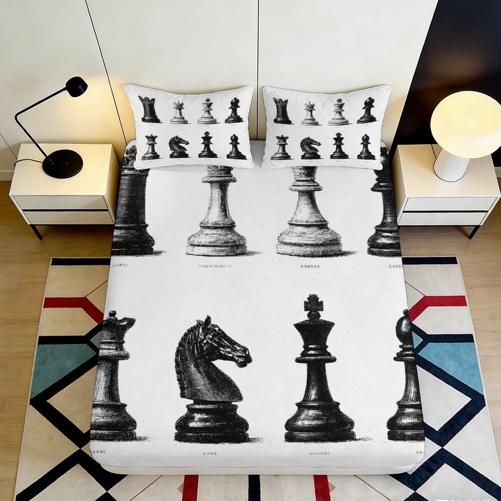 3D Printed Chess Pieces Fitted Sheet Microfiber Monochrome Board Bed Sheet for Bedroom Guest Room Mattress Decor 90x200x25cm