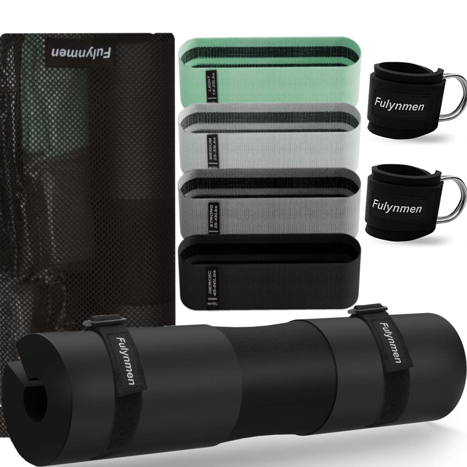 Fulynmen 10Pcs Barbell Pad Set Squat Hip Thrusts Pad Lunges Leg with Anti Slip Thickened Foam Barbell Pad, 2 Securing Straps, 2 Ankle Safety Straps, 4 Hip Resistance Bands, Big Carrying Bag