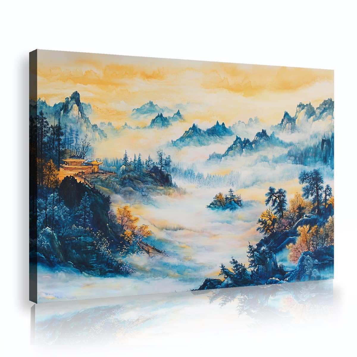 TOANGWALL Traditional Chinese Mountain Canvas Wall Art Dining Room Oriental Watercolor Misty Sea of Cloud Pavilion Framed Picture Poster for Home Hotel Decor 75x115cm