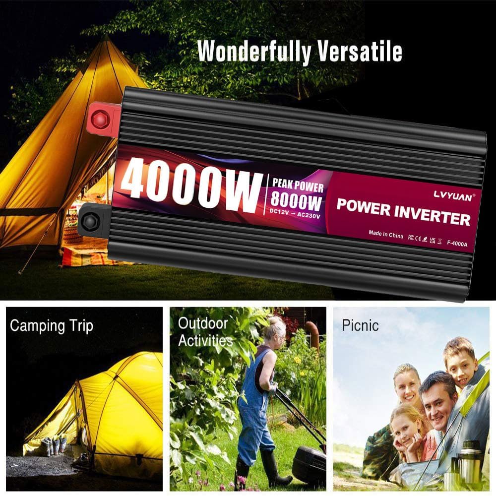 Yinleader Wechselrichter 24V DC auf 230V AC, 4000W Dauerleistung/8000W Spitzenleistung, Spannungswandler, LCD-Anzeige & Funkfernbedienung, für Wohnmobil/Camping/LKW/Haushaltsgeräte