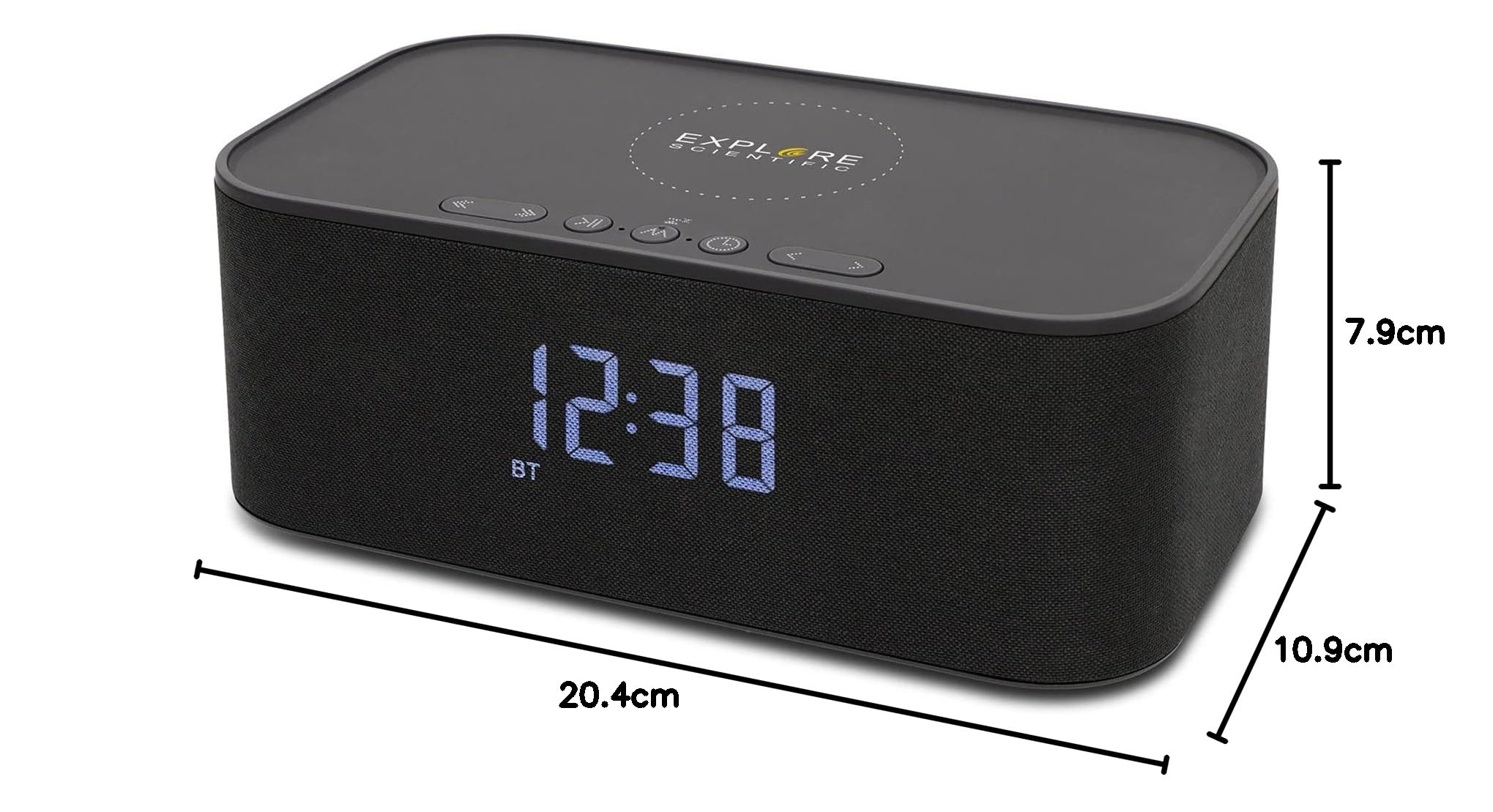 Radiosveglia Bluetooth Explore Scientific BCC1001 – Ricarica Wireless 5W, Vivavoce, Doppia Sveglia, Batteria 4400mAh, Nero