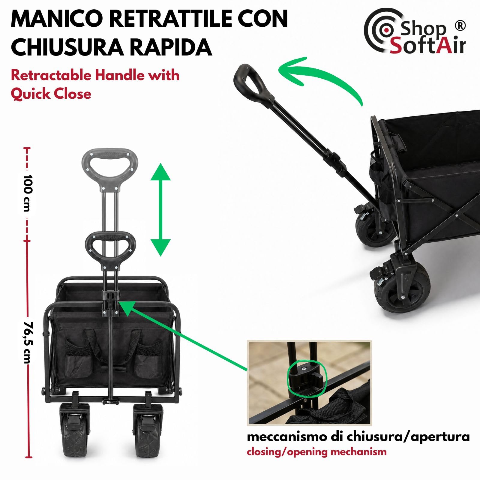 Carrello Pieghevole Multiuso, Nero o Blu, Acciaio e PVC Oxford, 52x88 cm, Portata 75 kg, Manico Retrattile, 4 Ruote (NERO)