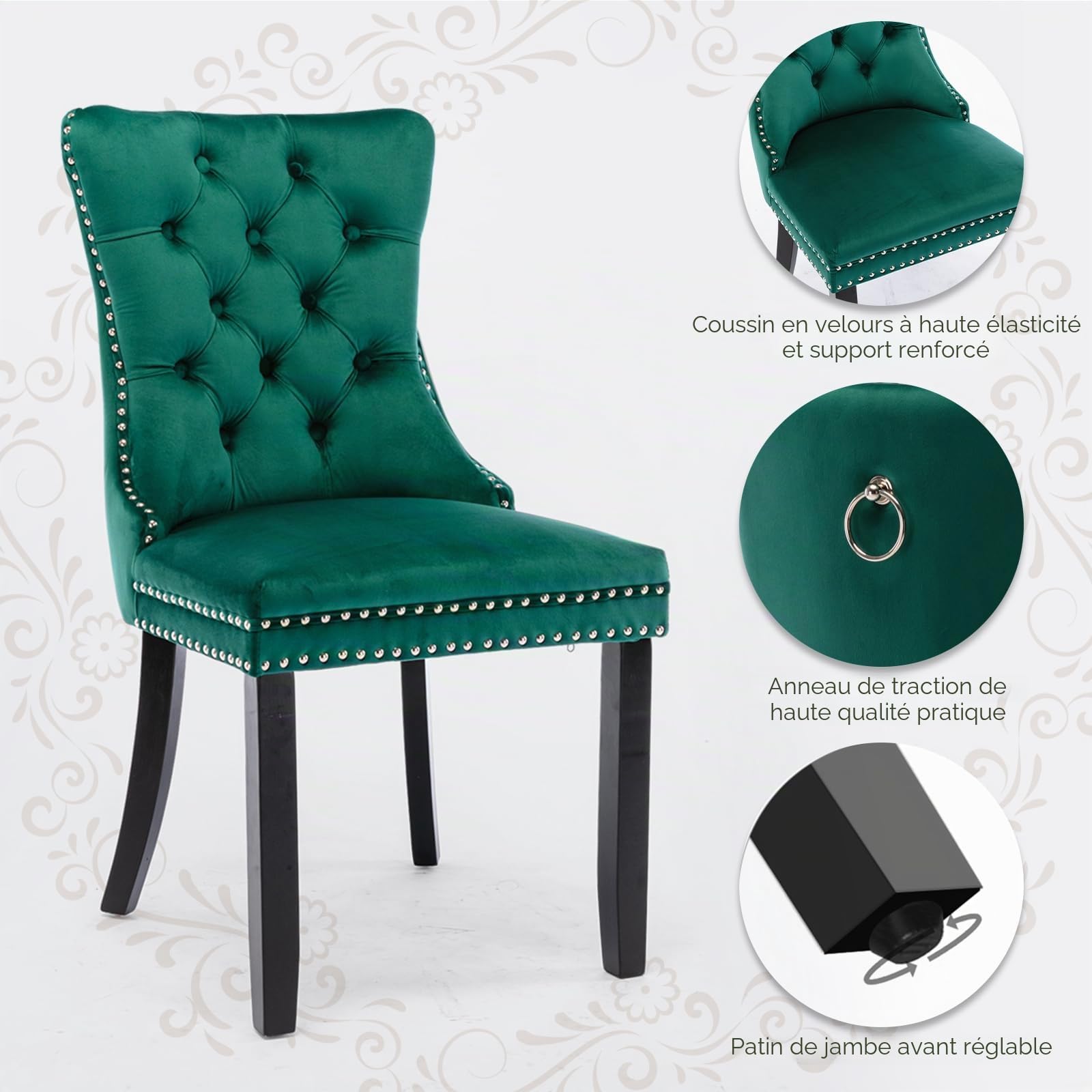 Lot de 6 chaises de Salle à Manger rembourrées en Velours de Style Moderne avec Garniture en tête de Clou et Pieds en Bois, Anneau de Traction en métal pour Salle à Manger, Salon (Vert)