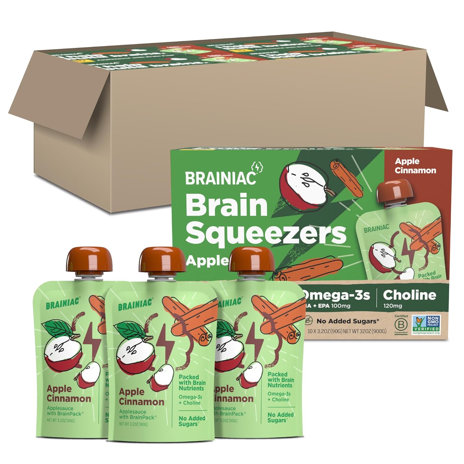 Brainiac Applesauce Apple Cinnamon Pouches with Omega3s