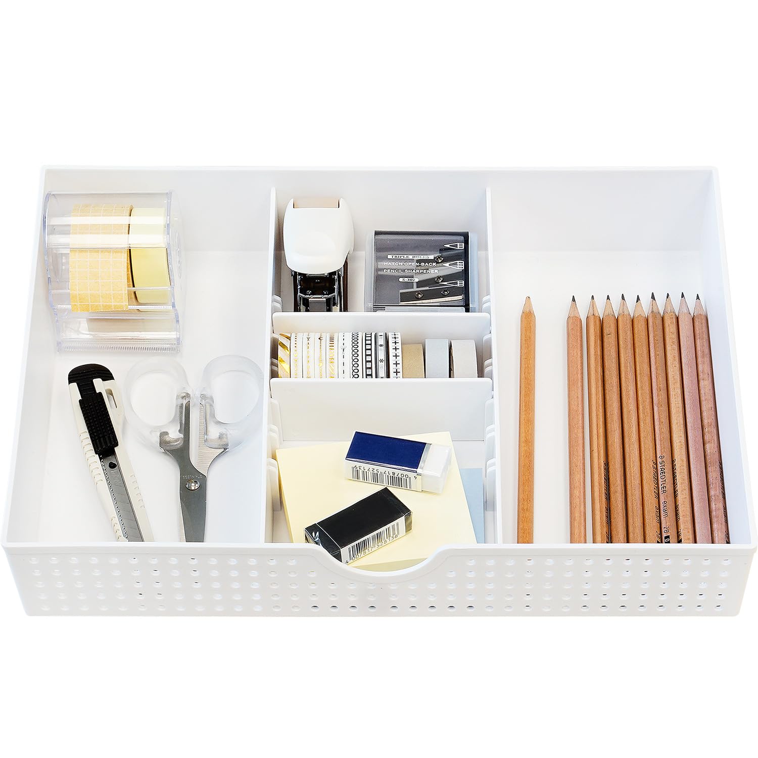 Amtido White Desk Drawer Organiser Tray For Office Stationary Supplies & Accessories - Sleek 3 Compartments Stationery Organisers With 2 Adjustable Dividers - Desk Tidy Organiser