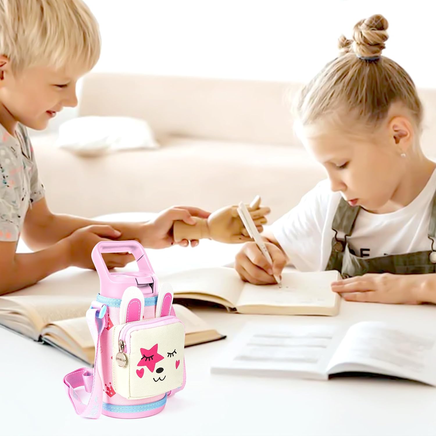 Linkidea Water Bottle Carrier with Strap Compatible with YETI Rambler Jr. 12oz, Simple Modern 14oz, Hydro Flask Kids Bottles, Bottles Sling Holder with Pocket, Rabbit Cartoon - Image 5