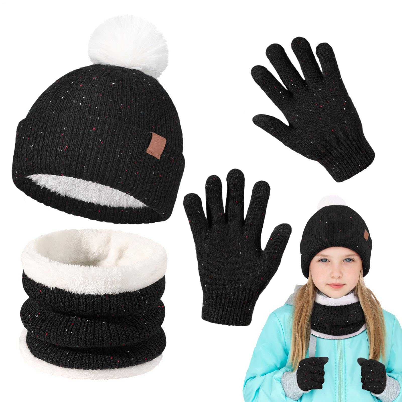 Set invernale con cappello e sciarpa e guanti per bambini, con cappello lavorato a maglia, morbido, confortevole, per il freddo, per passeggiate, pattinaggio, ciclismo, escursionismo, avventure