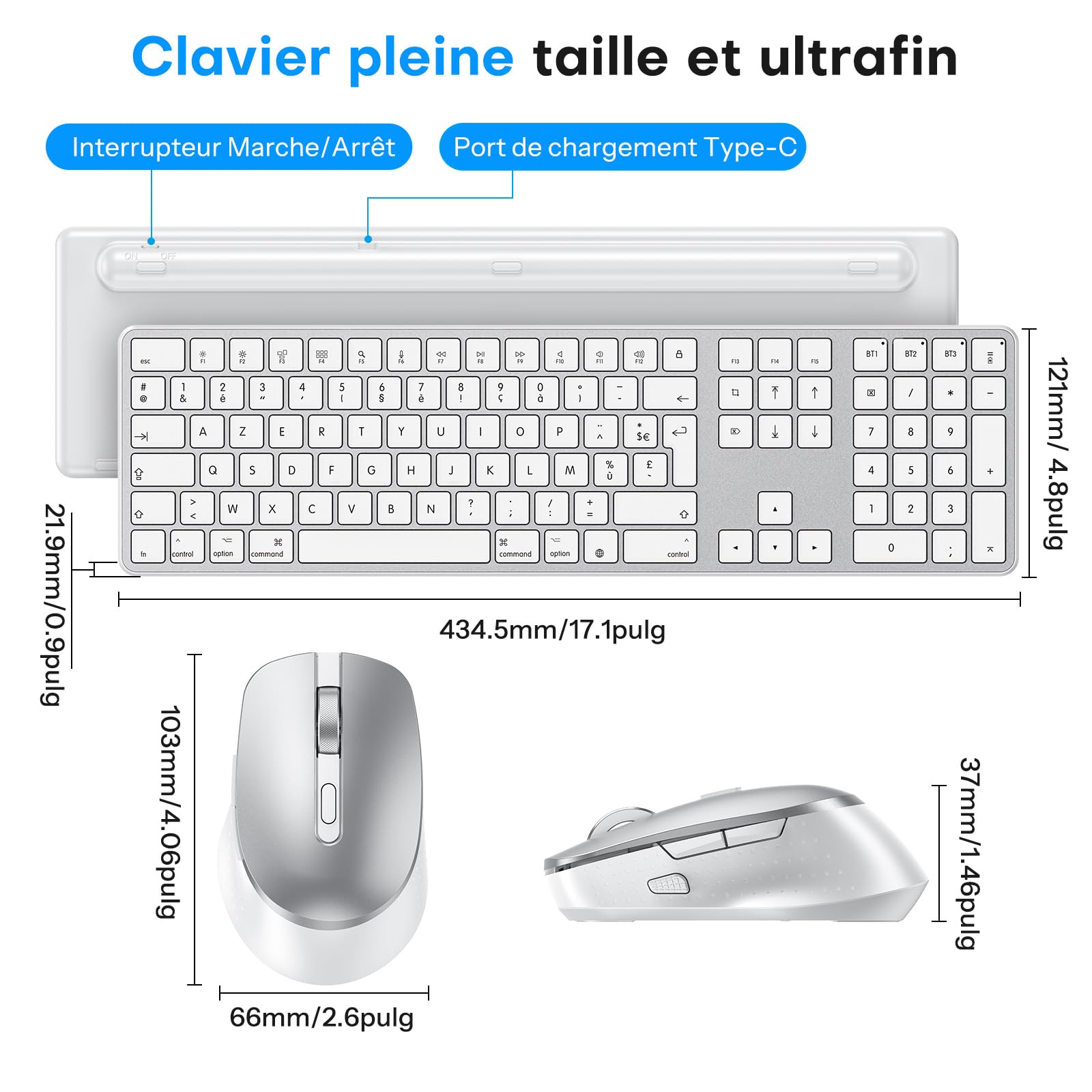 OMOTON Kit Clavier et Souris sans Fil Bluetooth pour Mac AZERTY, Argent | Rechargeable avec 3 Canaux Bluetooth, Clics Silencieux, Ultra Slim, pour Apple Mac Pro/Mini, MacBook Neo/Air, iMac, iMac Pro