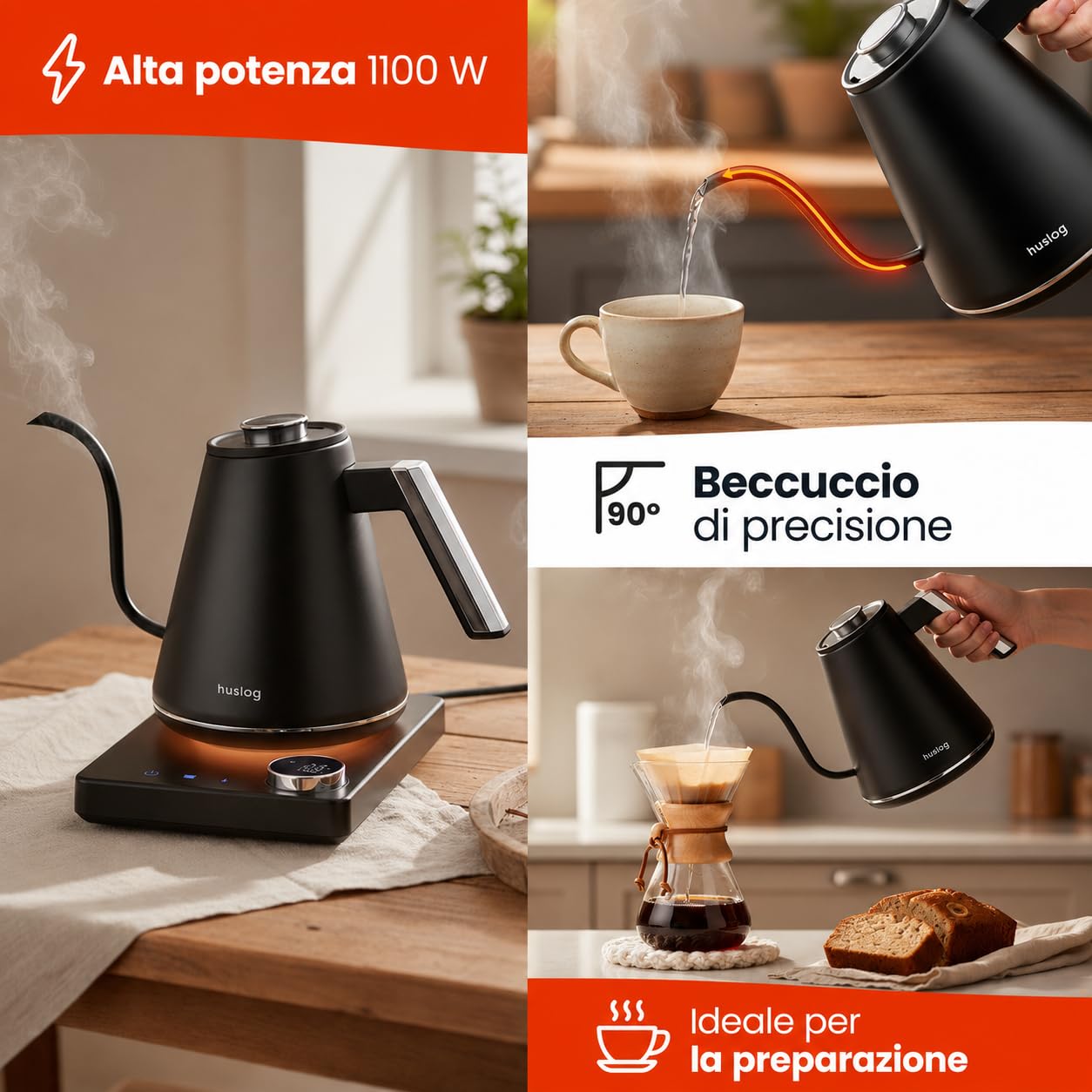 Bollitore elettrico 1L con regolazione della temperatura 40-100°C, collo di cigno, display LED, funzione di mantenimento al caldo, 1100 W, acciaio inossidabile 304, nero argento, base con
