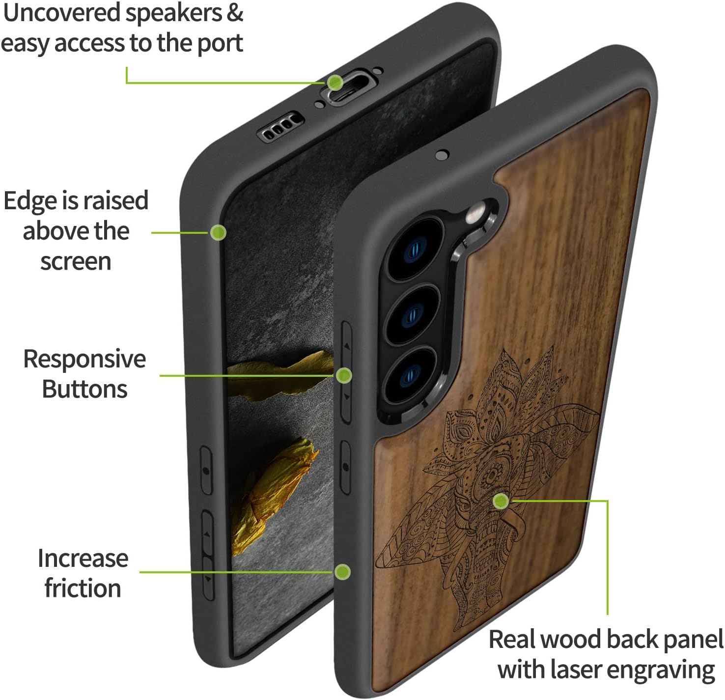 Carveit Wood Case for Galaxy S23 Plus Case [Natural Wood & Black Soft TPU] Shockproof Protective Cover Unique & Classy Wooden Design Compatible with S23 Plus (Elephant-Walnut)
